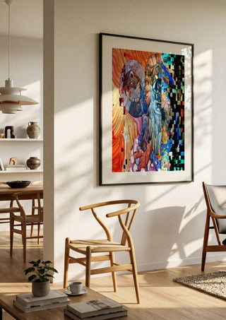 Draco by Carlos Enrique Gozalo Ara in a black frame in a bright dining room with wooden chairs