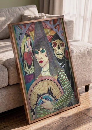 Mujer y muerte by Carlos Enrique Gozalo Ara in a walnut frame leaning against a grey sofa