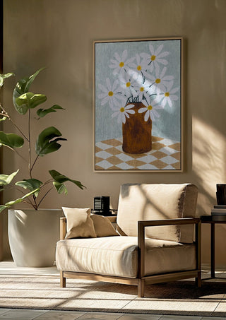 Rutig duk med brun vas by Rebecka Hansson framed above a beige armchair beside a potted plant