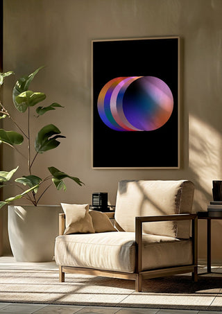 Layers by Aleksi Allan framed above a beige armchair beside a potted plant