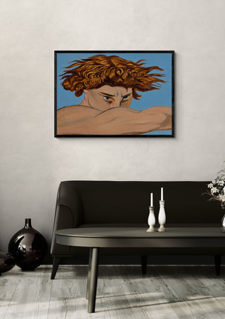 Lucifer (my view) by Zhan Snow in a black frame above a dark sofa with candlesticks