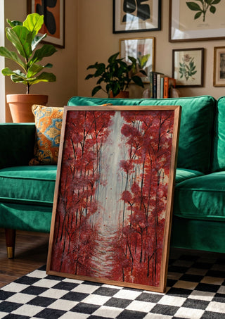 Into the Quiet by Maya in a wooden frame leaning against a green velvet sofa on a chequered floor