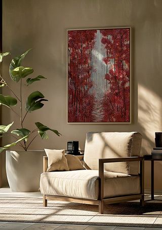 Into the Quiet by Maya framed above a beige armchair beside a potted plant