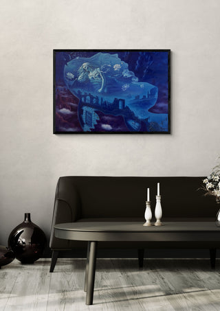 Genom den blå tystnaden by Ramz Gadzh in a black frame above a dark sofa with candlesticks
