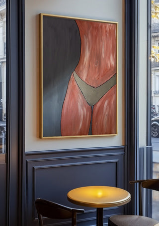 Bare Confidence by Bibi in an oak frame on a panelled café wall