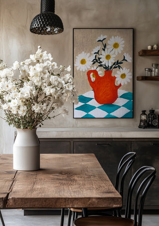 Vita blomster i röd vas by Rebecka Hansson in a black frame above a rustic table with white flowers