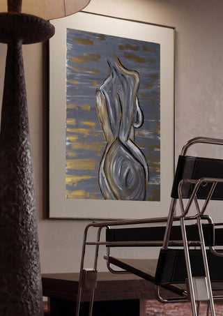 Contours of Silence by Bibi framed in a dim room beside a tubular steel chair