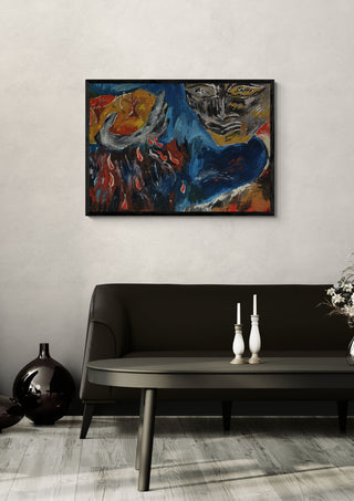 Tears of Gaia by Will Black in a black frame above a dark sofa with white candlesticks