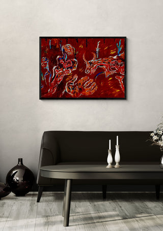 Blood Mutation by Will Black in a black frame above a dark sofa with white candlesticks
