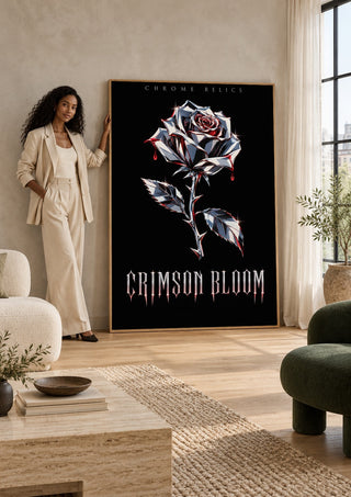 Crimson Bloom by Melancholy Machinations held up by a woman in a bright living room