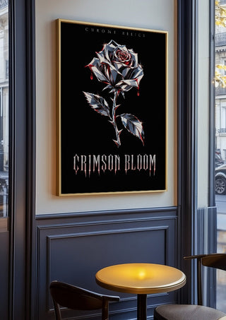 Crimson Bloom by Melancholy Machinations in an oak frame on a panelled café wall