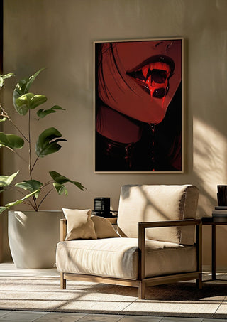 Let me taste you by Melancholy Machinations framed above a beige armchair beside a potted plant
