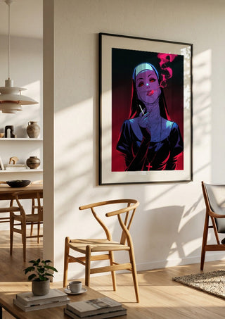 I don't care by Melancholy Machinations in a black frame in a bright dining room with wooden chairs