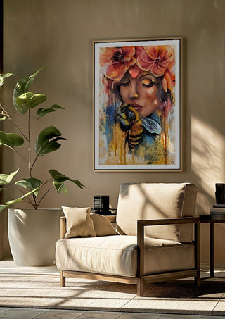 BeeYou by Elisa Kay framed above a beige armchair beside a potted plant