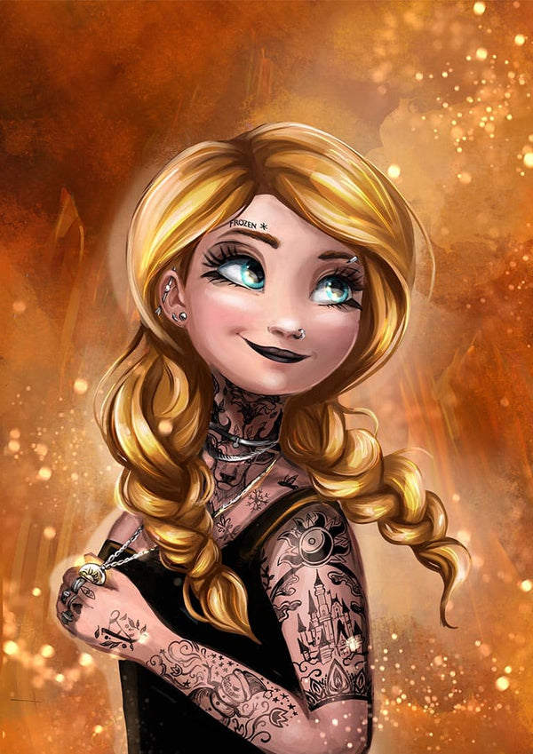 Illustration of Hot ANNA with blonde braids, tattoos, and a black top against a glowing orange background.