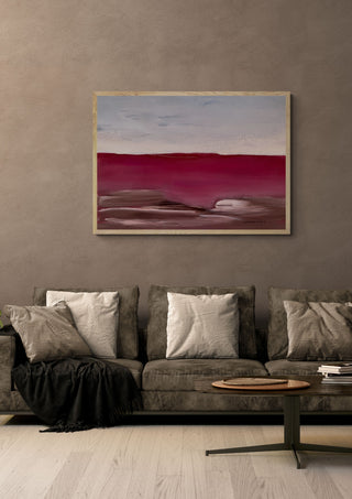 Blood Red Line by Marina Agre in an oak frame above a grey sofa with cushions