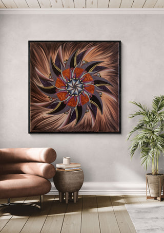 WarriorPower by Eledina in a black frame above a pink armchair beside a palm