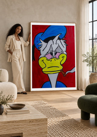 Duck in Dystopia by Bibi leaning against a sunlit living room wall beside a woman
