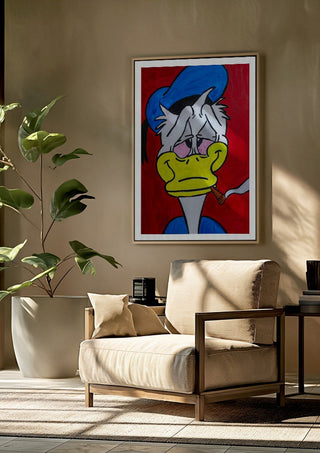 Duck in Dystopia by Bibi framed above a beige armchair beside a potted plant