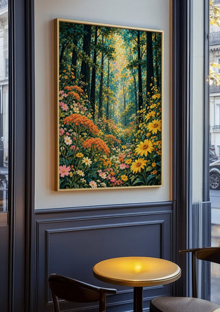 Golden Forest Light by Yokohama in an oak frame on a panelled café wall