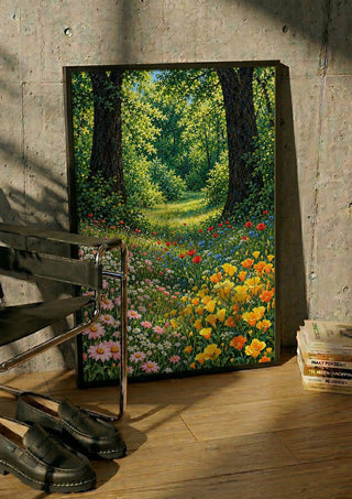 Forest Clearing in Bloom by Yokohama in a black frame leaning against a concrete wall by a steel chair