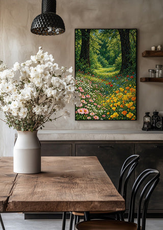 Forest Clearing in Bloom by Yokohama in a black frame above a rustic table with white flowers