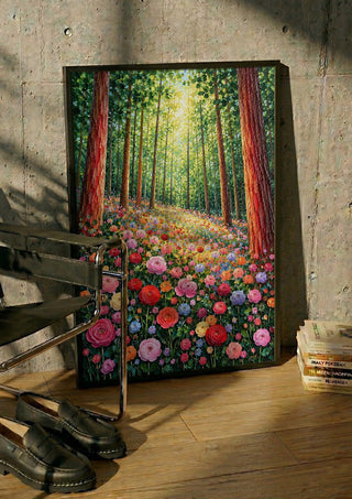 Rose Path in the Forest by Yokohama in a black frame leaning against a concrete wall by a steel chair