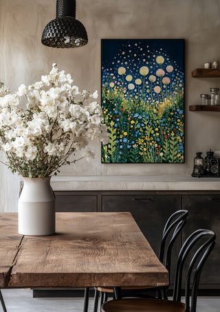 Meadow Under the Stars by Yokohama in a black frame above a rustic table with white flowers