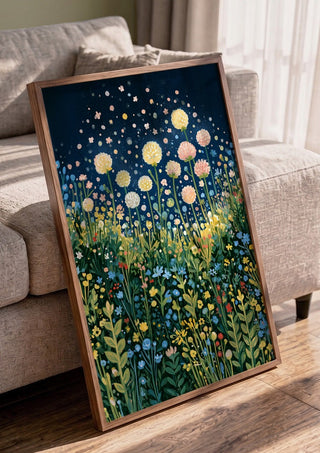 Meadow Under the Stars by Yokohama in a walnut frame leaning against a grey sofa