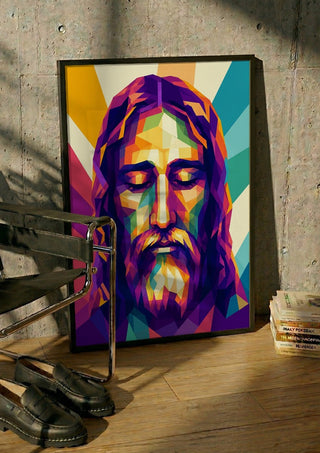 Jesus Face by nyai in a black frame leaning against a concrete wall by a steel chair