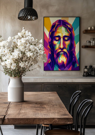 Jesus Face by nyai in a black frame above a rustic table with white flowers
