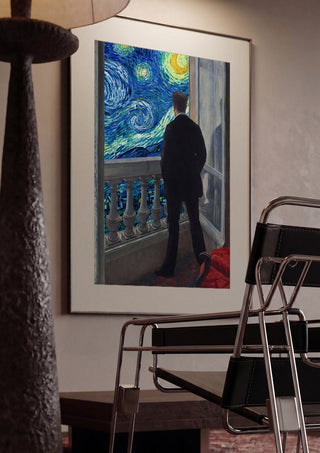 Starry Night by Dikhotomy framed in a dim room beside a tubular steel chair
