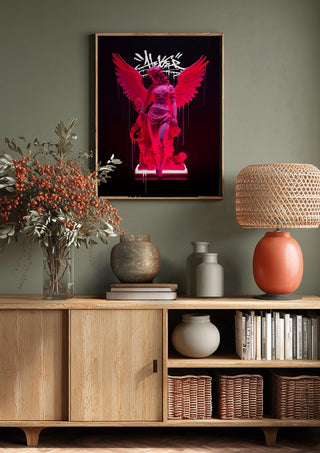 Neon Athenea by Dikhotomy above a wooden sideboard on a sage green wall