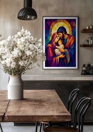 The Holy Family in Divine Light by nyai in a black frame above a rustic table with white flowers