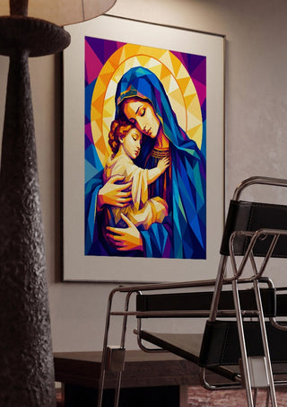 Virgin Mary and Baby Jesus by nyai framed in a dim room beside a tubular steel chair