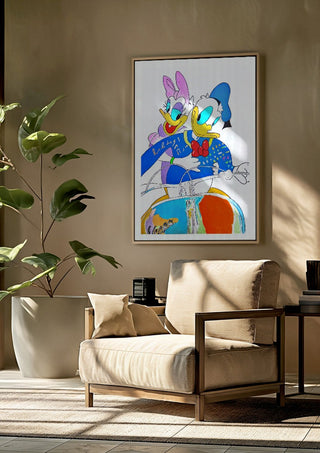 Vacanze Romane (Pop-surrealist take) by NKo framed above a beige armchair beside a potted plant