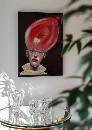 Thin Air by Ronny Simon in a black frame above a glass table with crystal glassware