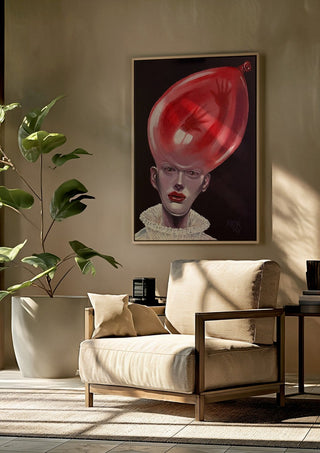 Thin Air by Ronny Simon framed above a beige armchair beside a potted plant
