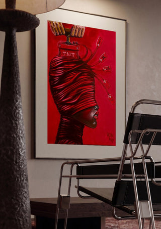 TNT by Ronny Simon framed in a dim room beside a tubular steel chair
