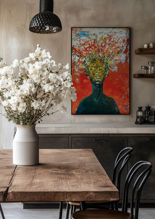 The Sound by Ronny Simon in a black frame above a rustic table with white flowers