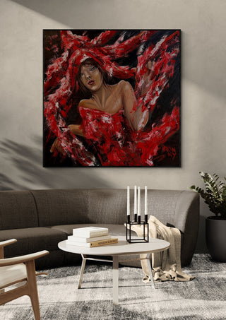 The Party by Ronny Simon in a black frame above a grey sofa with candlesticks