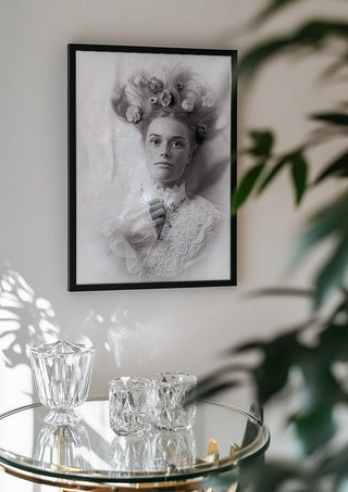 Klara by Bettinafloorphoto in a black frame above a glass table with crystal glassware