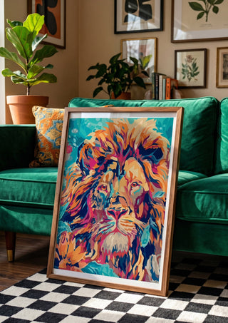 The Geometric King by Bibi in a wooden frame beside a green velvet sofa on a chequered floor