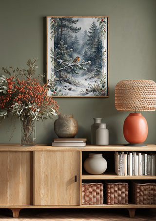 Mr Robin by KG Studio above a wooden sideboard on a sage green wall