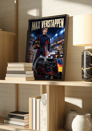 Max Verstappen by Danii Steinfeldt in a dark frame on a wooden shelf beside books and a lamp
