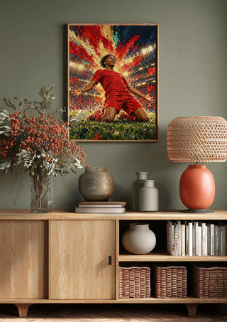 Rio Ngumoha Celebration by Danii Steinfeldt above a wooden sideboard on a sage green wall