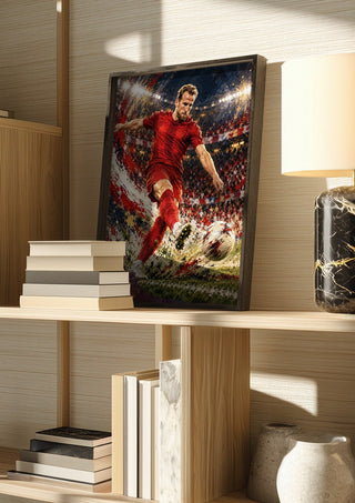 Harry Kane by Danii Steinfeldt in a dark frame on a wooden shelf beside books and a lamp