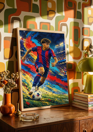 Lamine Yamal Barcelona by Danii Steinfeldt in a wooden frame on a sideboard against retro patterned wallpaper