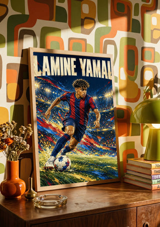 Lamine Yamal by Danii Steinfeldt in a wooden frame on a sideboard against retro patterned wallpaper
