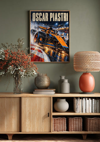Oscar Piastri by Danii Steinfeldt above a wooden sideboard on a sage green wall